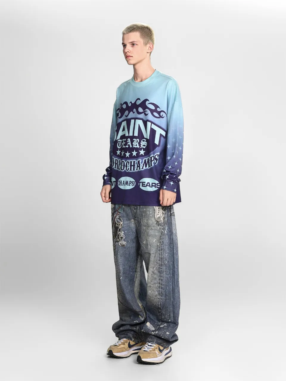 Saint michael tears all-over printed long-sleeved vintage autumn and winter T-shirt Style number: 104 Size: M L XL Wholesale price: 136 Color: green blue